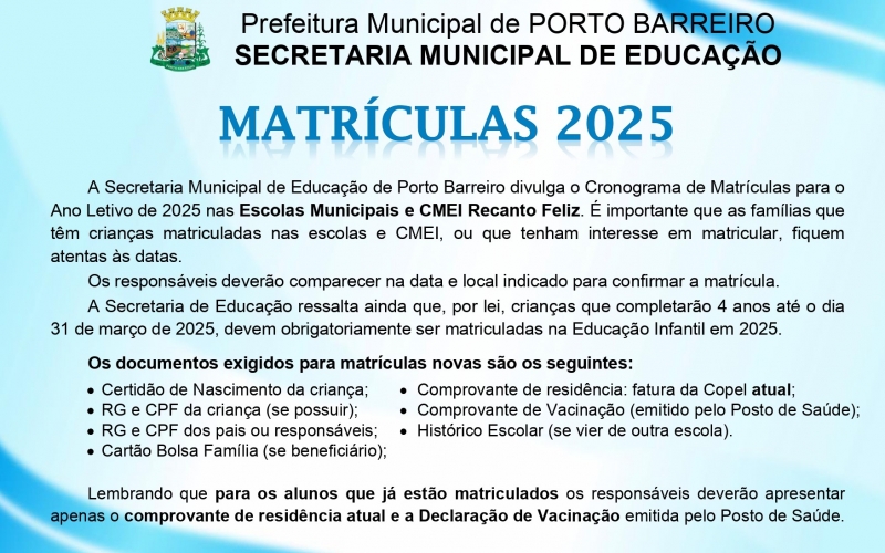 Cronograma de Matriculas e Rematriculas para o Ano letivo de 2025